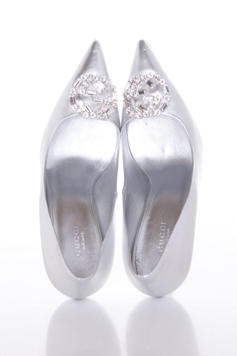 Gucci Metallic Silver Embellished Toe Heels SZ 38.5