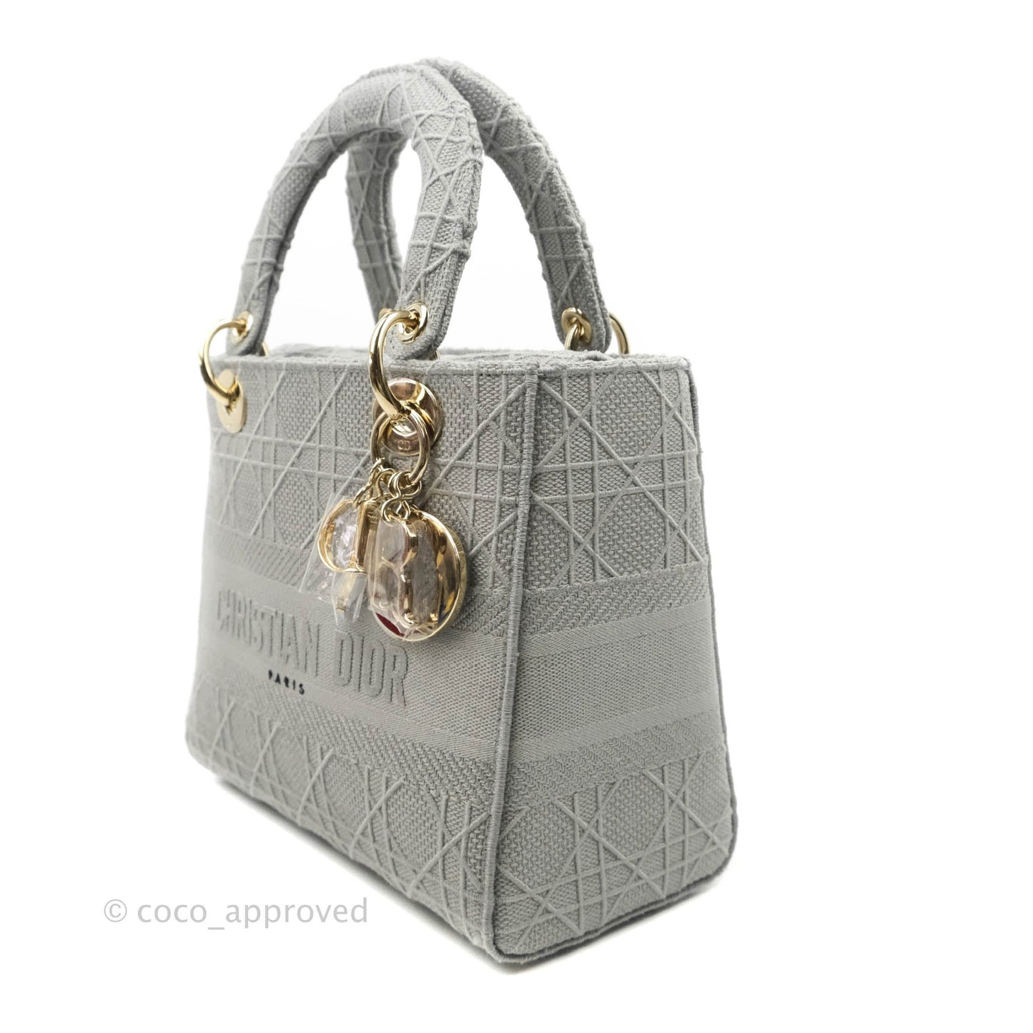 Christian Dior Medium Lady D-Lite Bag Gray Cannage Embroidery Gold Hardware