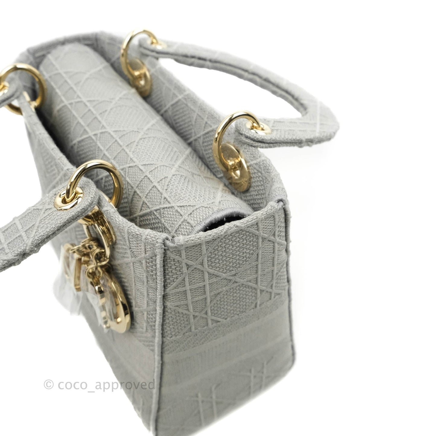 Christian Dior Medium Lady D-Lite Bag Gray Cannage Embroidery Gold Hardware