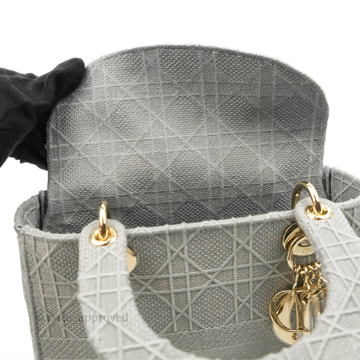 Christian Dior Medium Lady D-Lite Bag Gray Cannage Embroidery Gold Hardware
