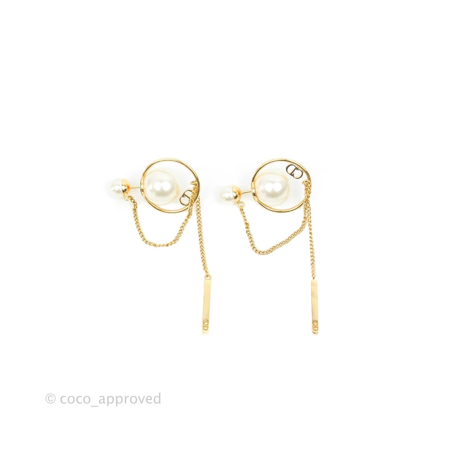 Christian Dior CD Pearl Long Drop Earrings Gold Tone
