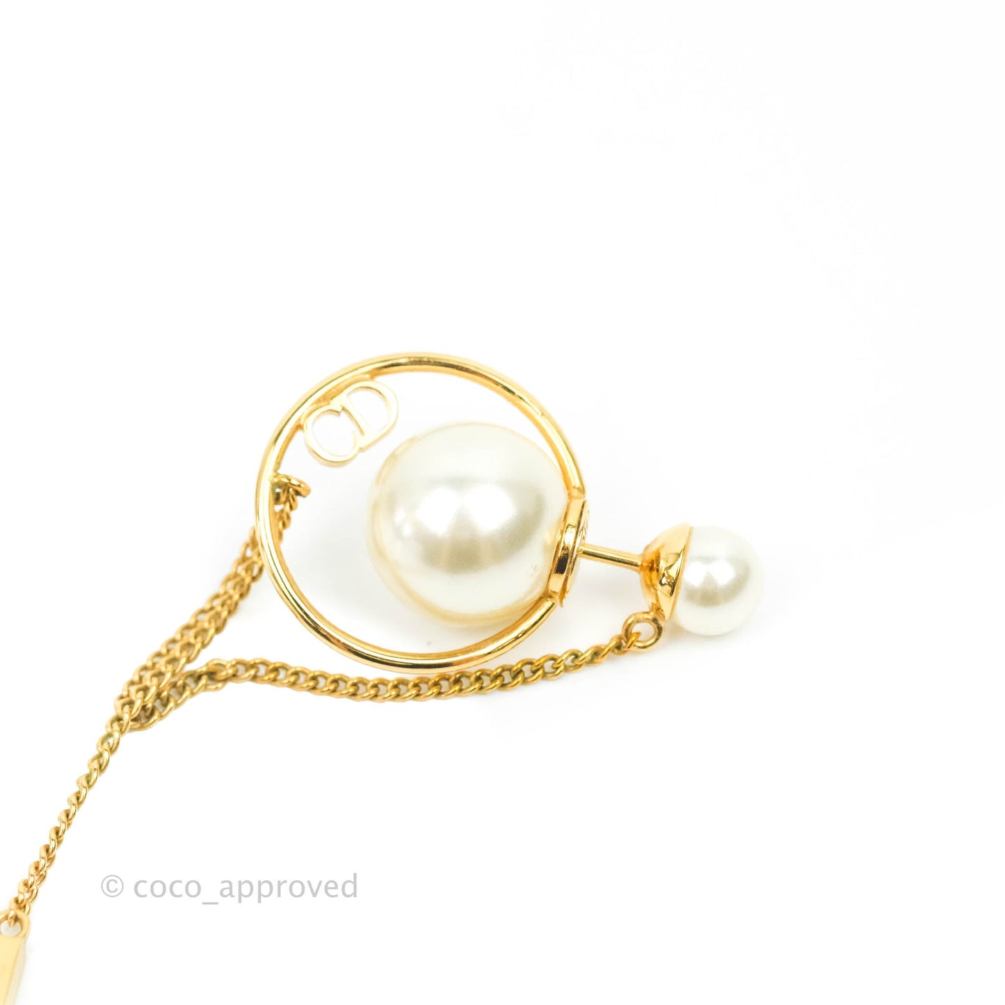 Christian Dior CD Pearl Long Drop Earrings Gold Tone