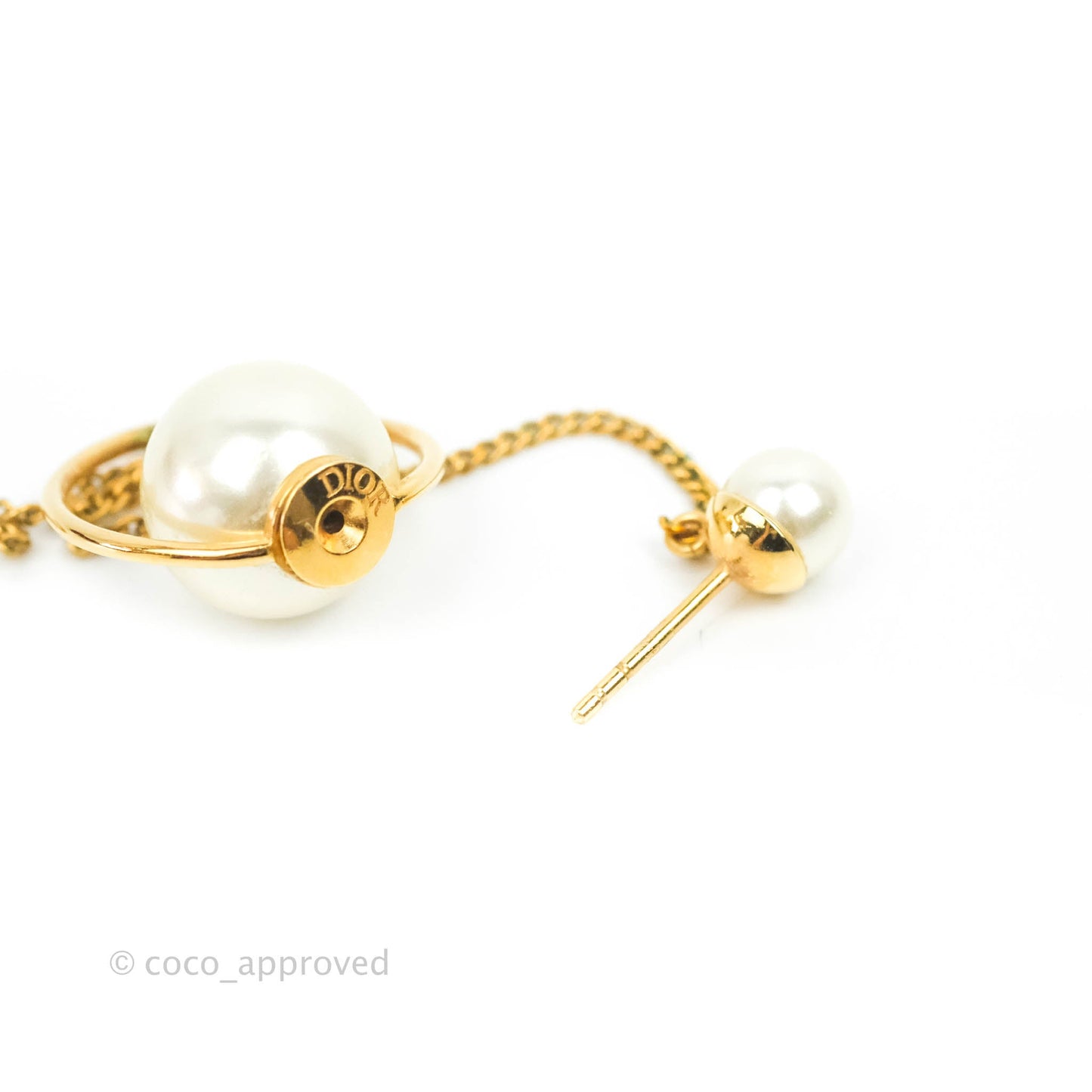 Christian Dior CD Pearl Long Drop Earrings Gold Tone