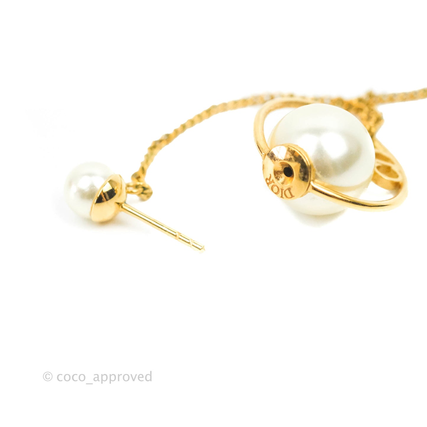 Christian Dior CD Pearl Long Drop Earrings Gold Tone