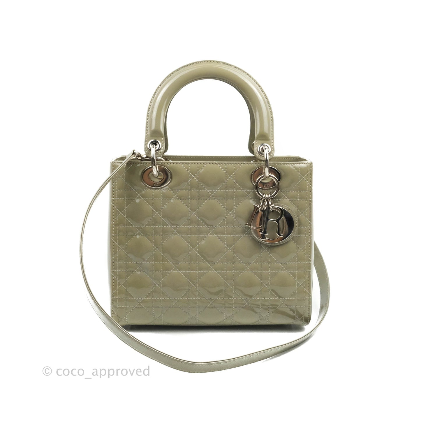 Christian Dior Medium Lady Dior Light Olive Patent Leather Silver Hardware