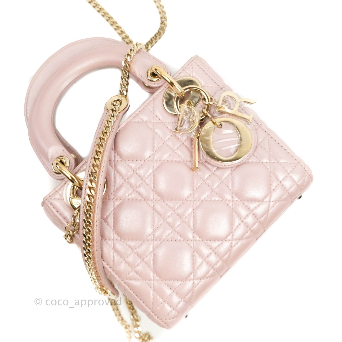 Christian Dior Cannage Mini Lady Dior Iridescent Light Pink Gold Hardware