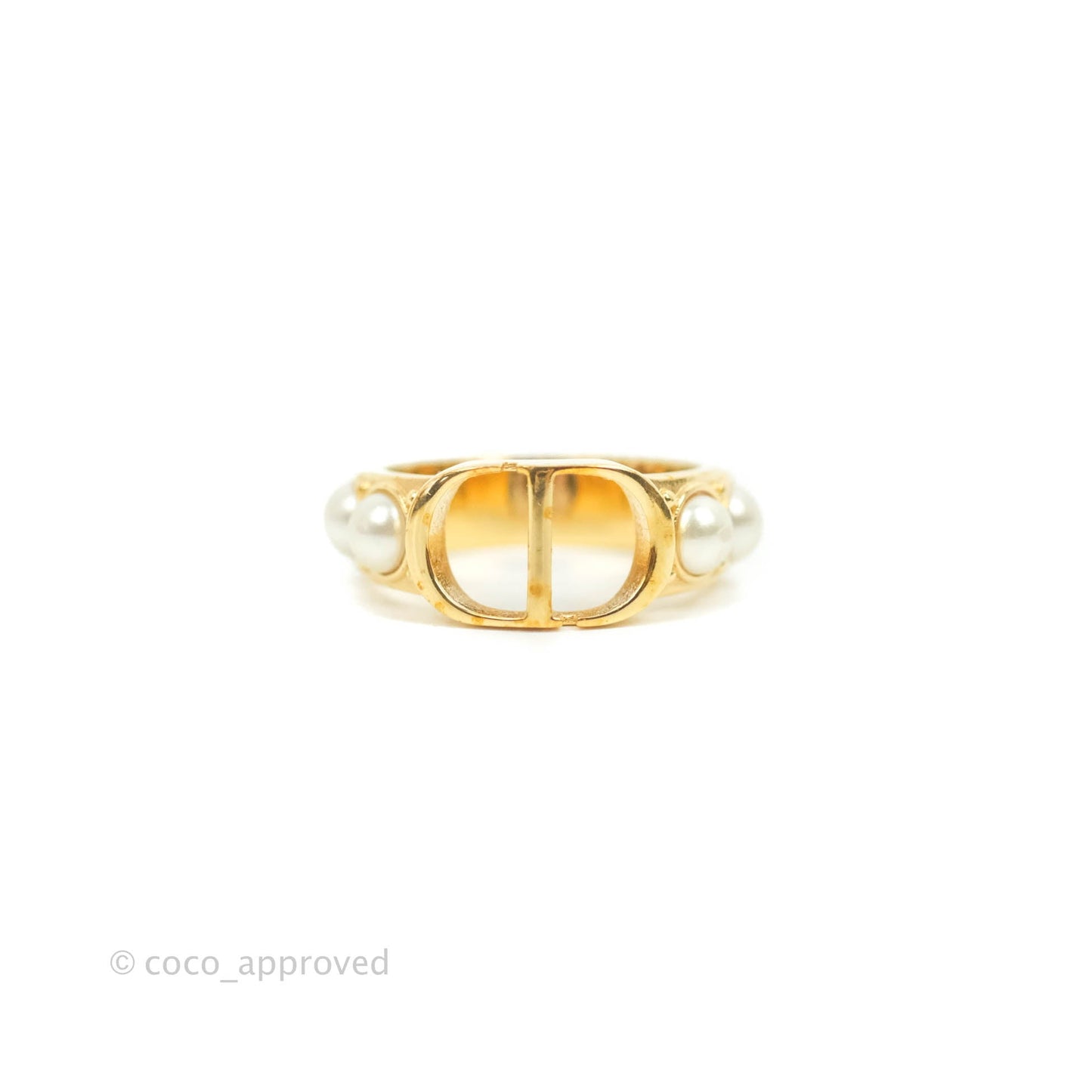 Christian Dior CD Pearl Ring Gold Tone Size S