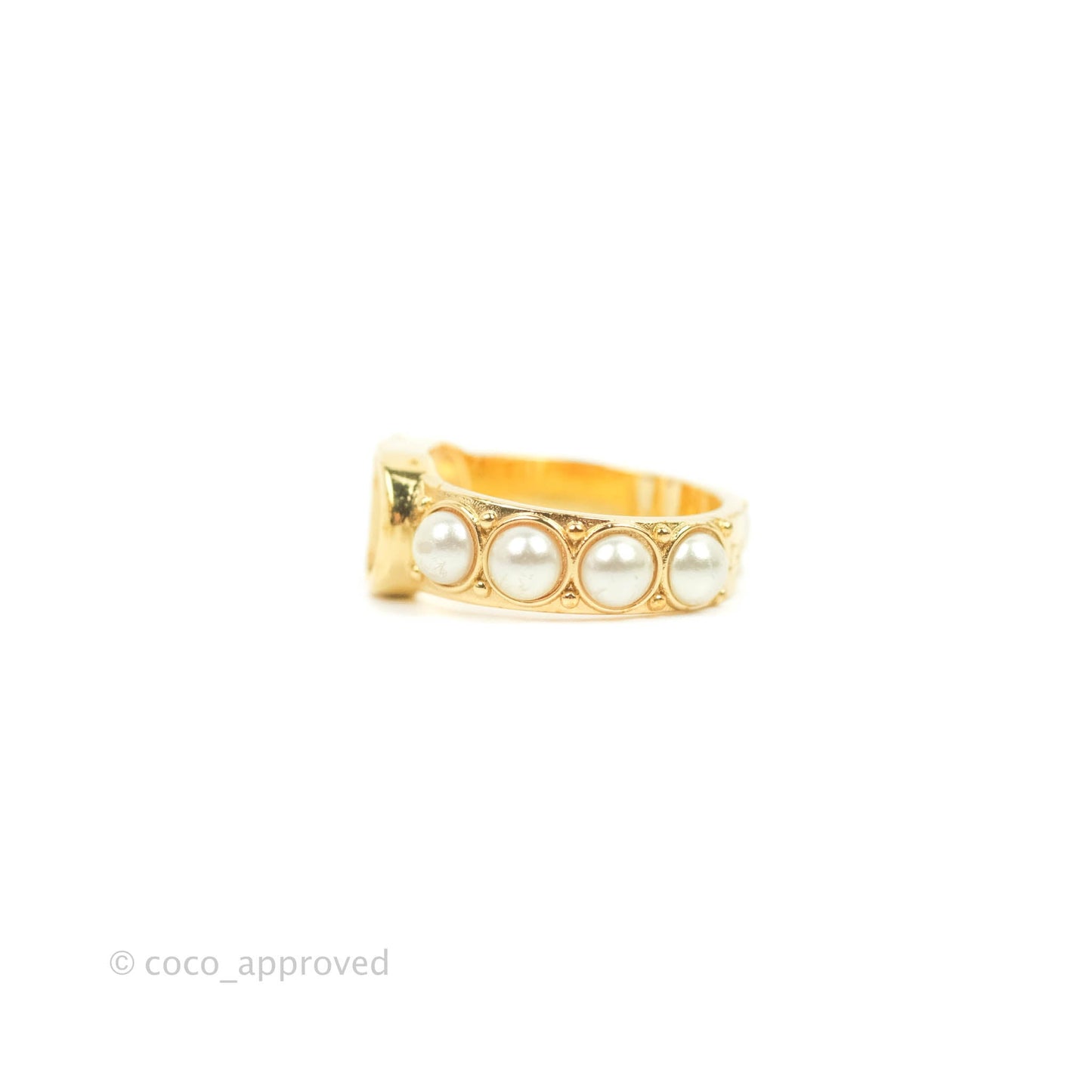 Christian Dior CD Pearl Ring Gold Tone Size S
