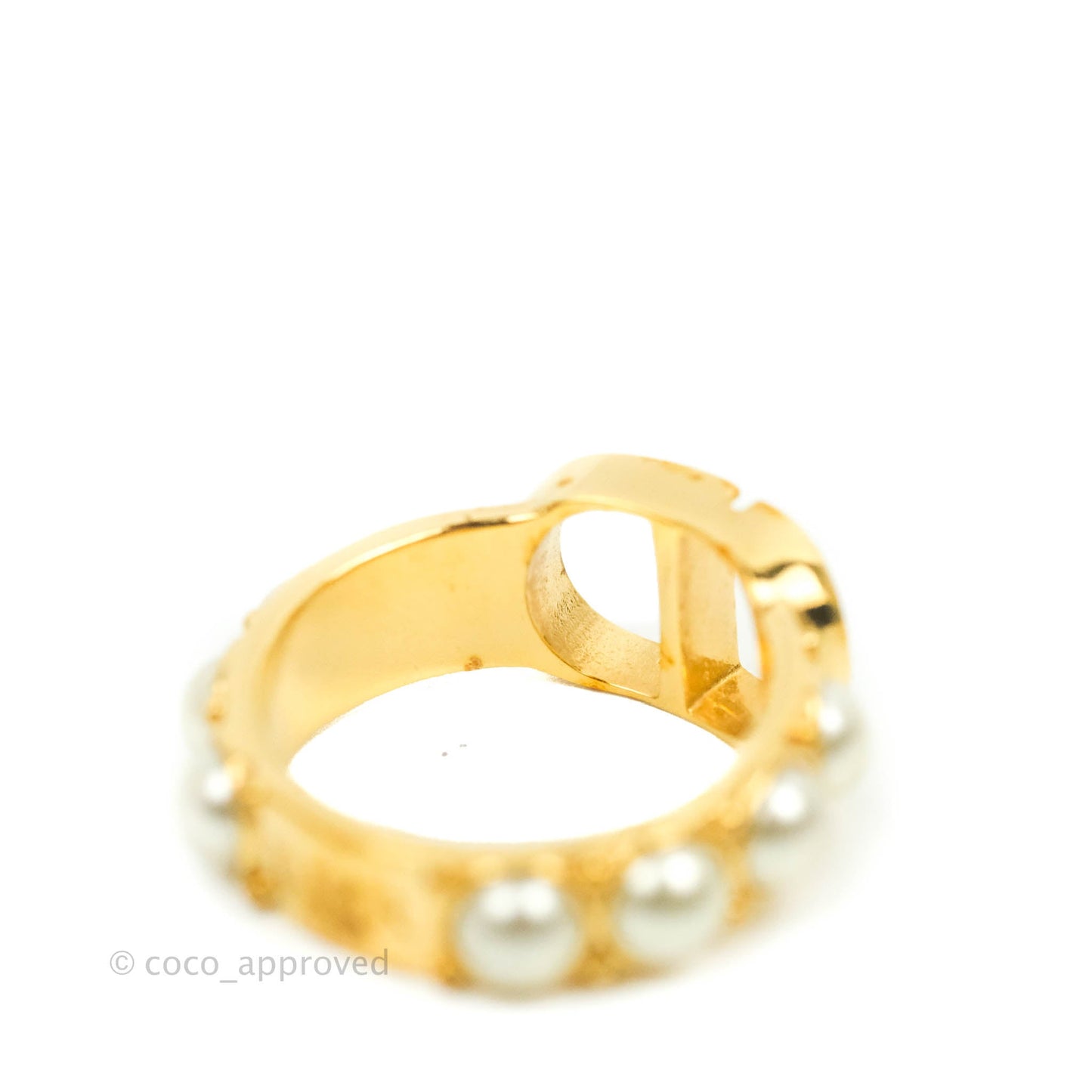 Christian Dior CD Pearl Ring Gold Tone Size S