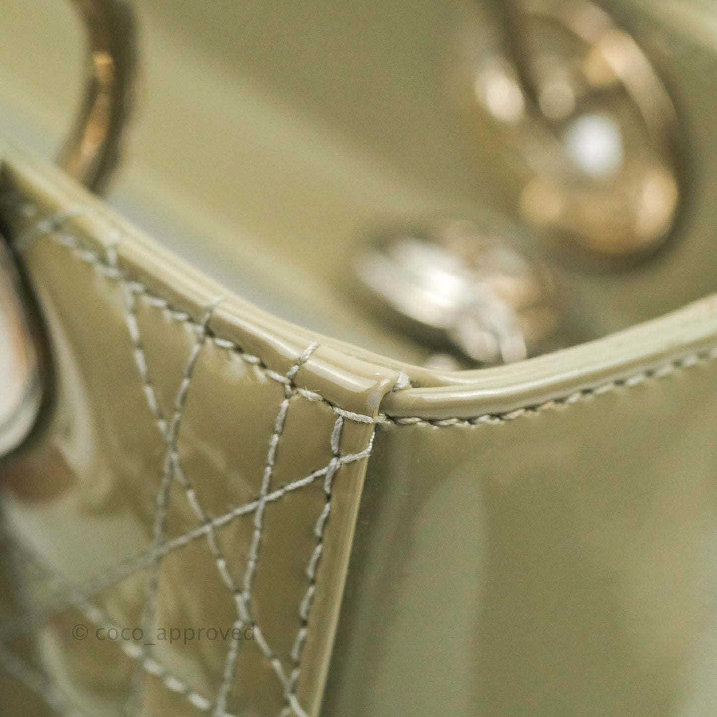 Christian Dior Medium Lady Dior Light Olive Patent Leather Silver Hardware