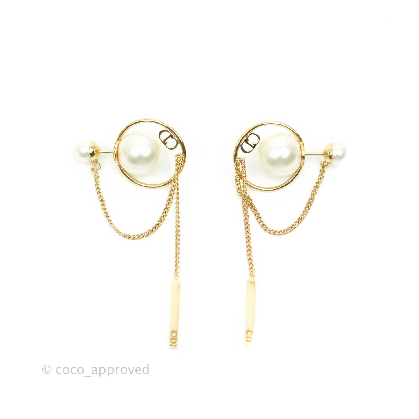 Christian Dior CD Pearl Long Drop Earrings Gold Tone