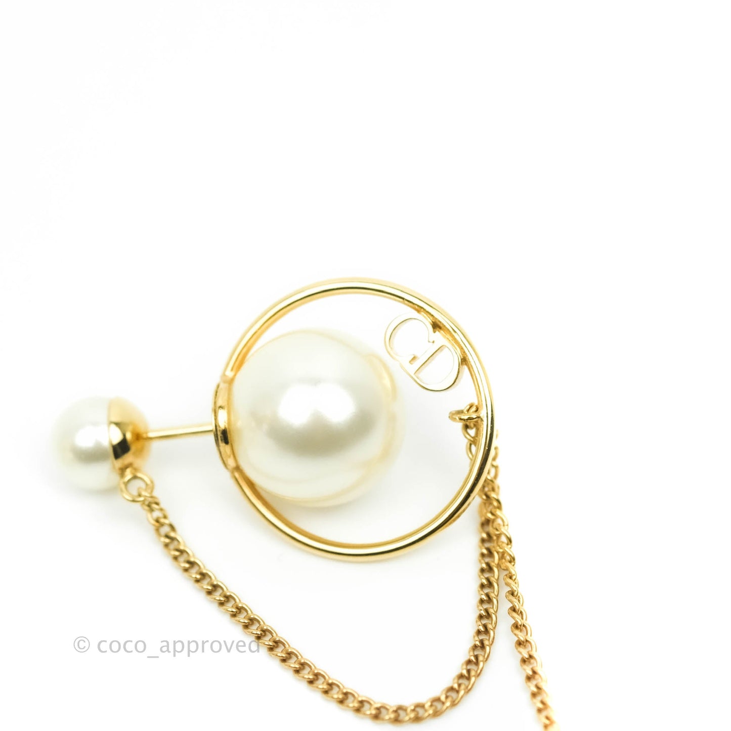 Christian Dior CD Pearl Long Drop Earrings Gold Tone