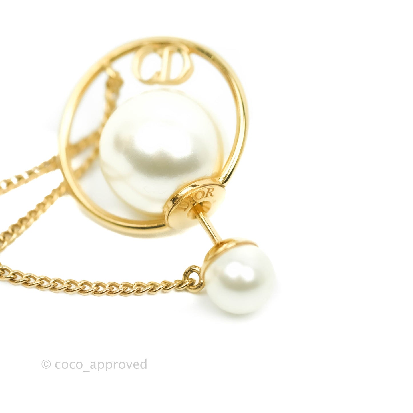 Christian Dior CD Pearl Long Drop Earrings Gold Tone