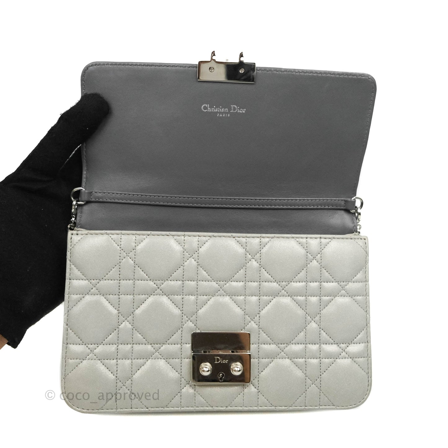 Christian Dior Miss Dior WOC Cannage Metallic Grey Silver Hardware