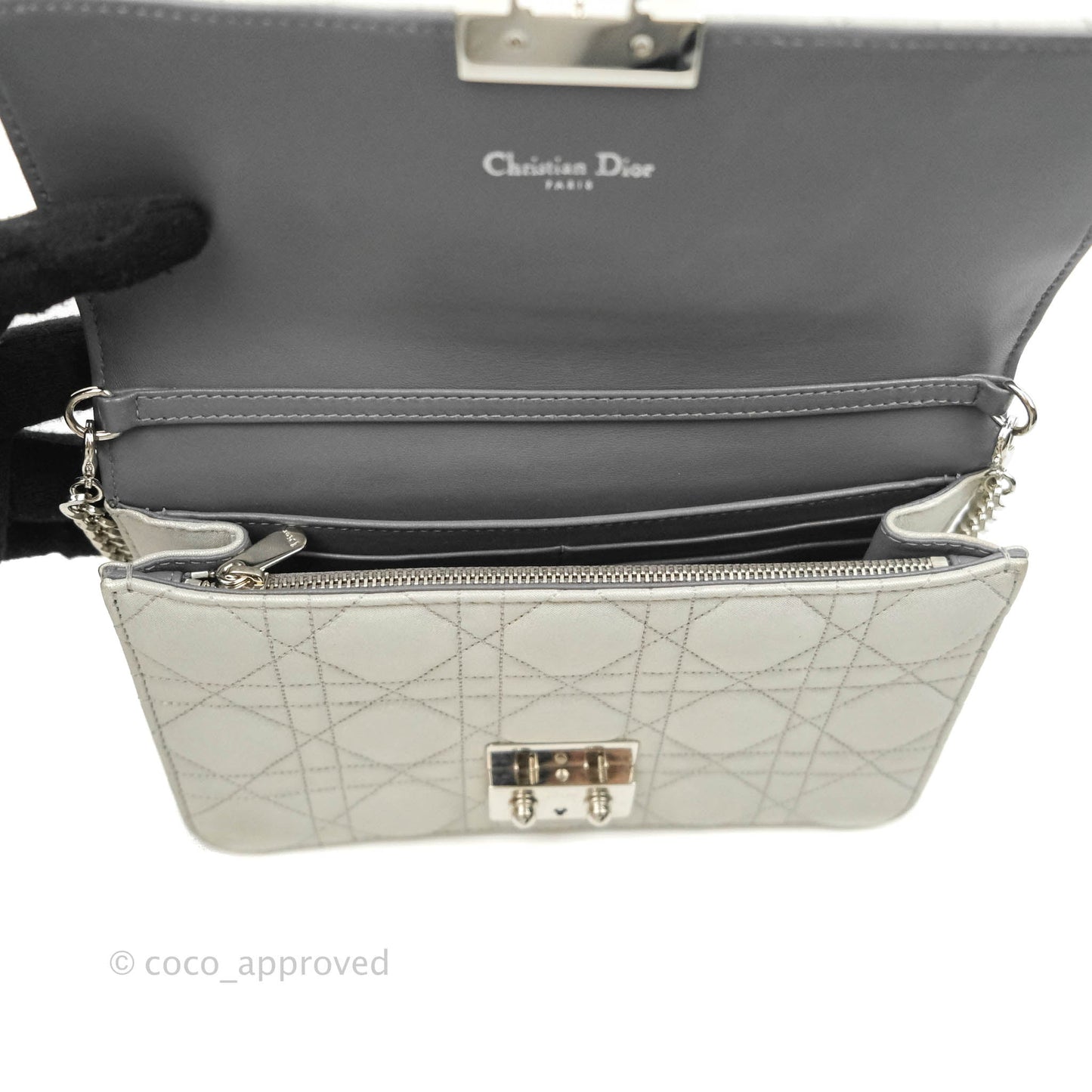 Christian Dior Miss Dior WOC Cannage Metallic Grey Silver Hardware
