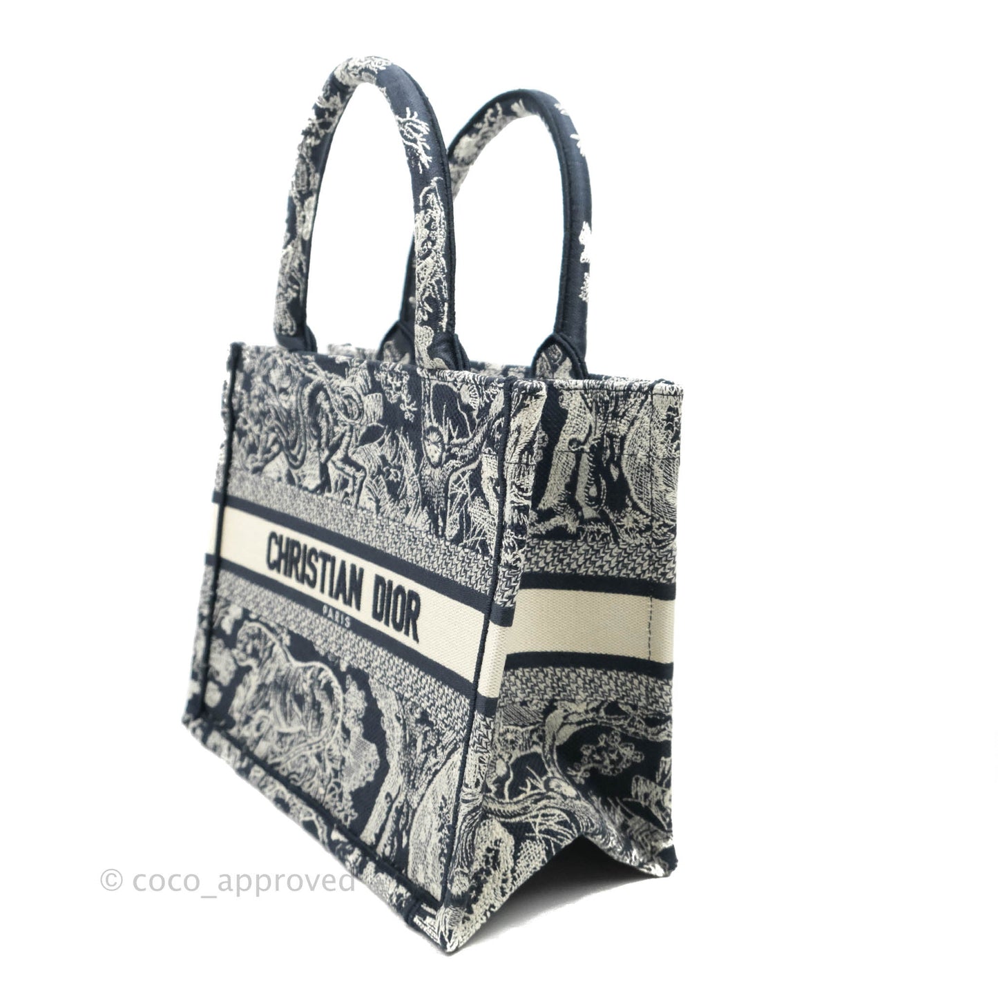 Christian Dior New Small Embroidered Toile De Jouy Navy Canvas Book Tote