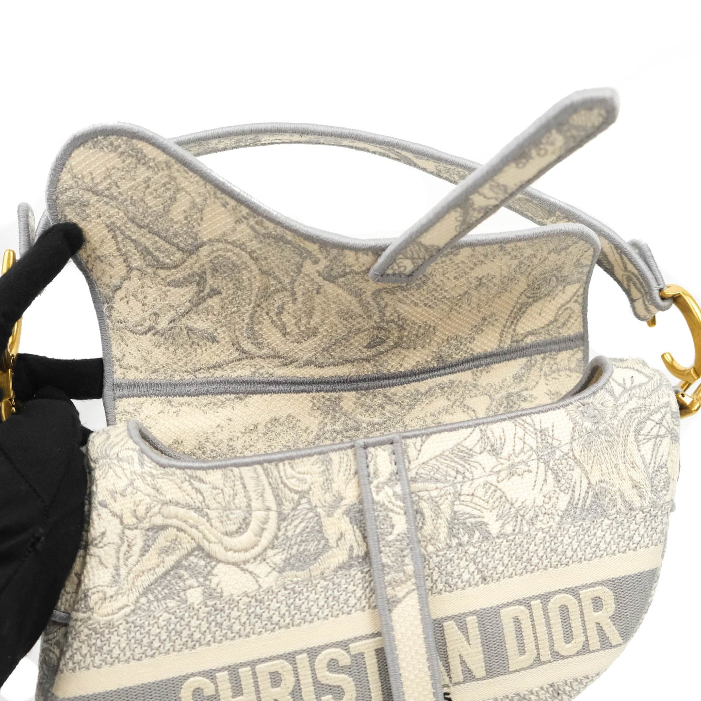 Christian Dior Saddle Bag Grey Toile de Jouy Embroidery