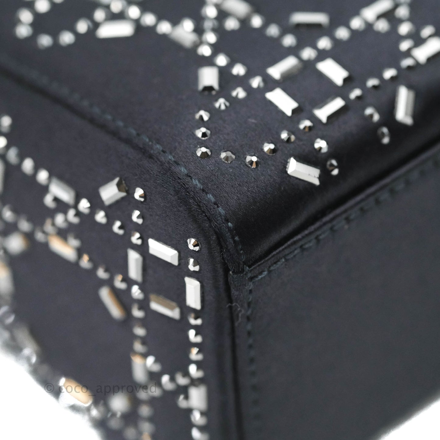 Christian Dior Mini Lady Dior Bag Black Strass Cannage Satin Silver Hardware