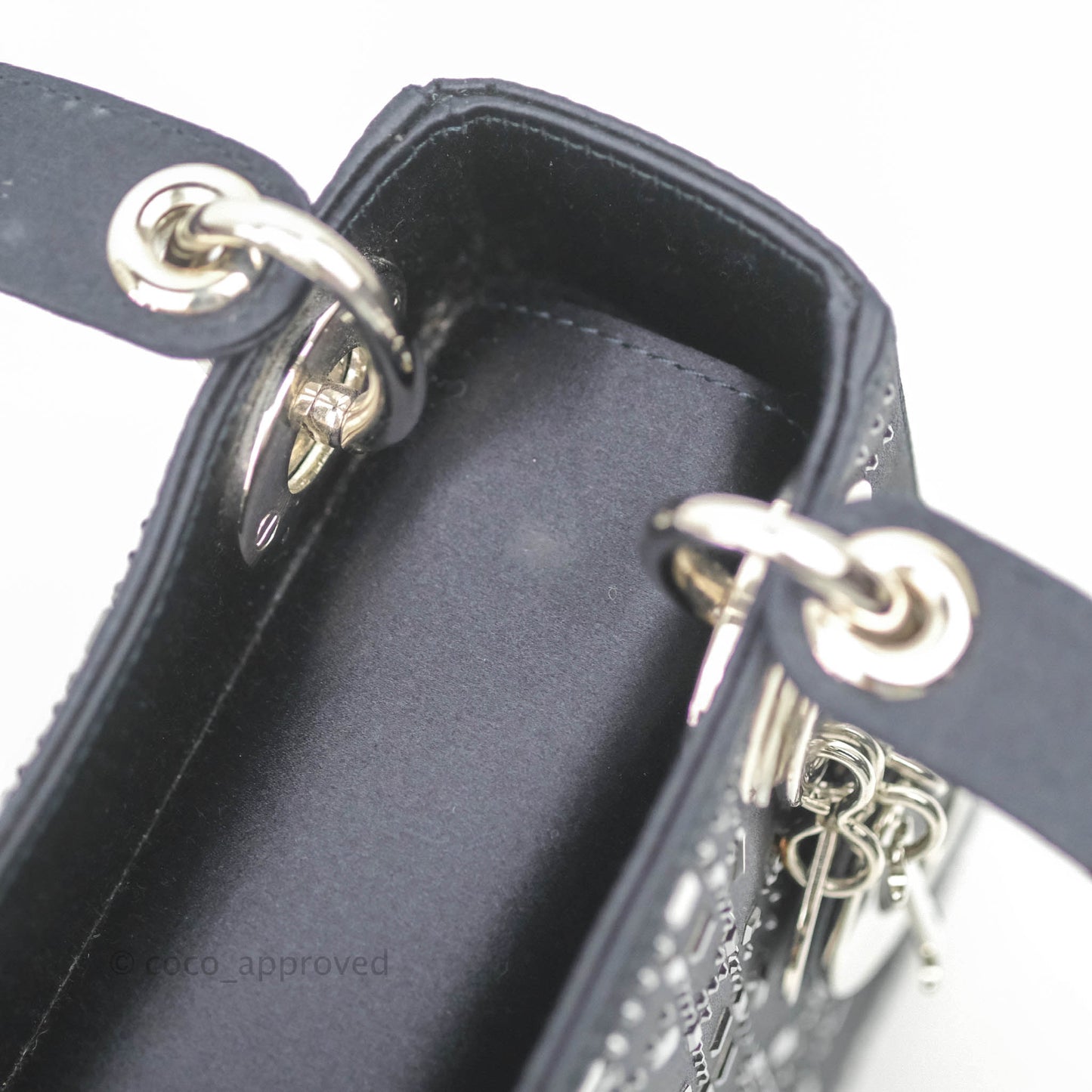 Christian Dior Mini Lady Dior Bag Black Strass Cannage Satin Silver Hardware