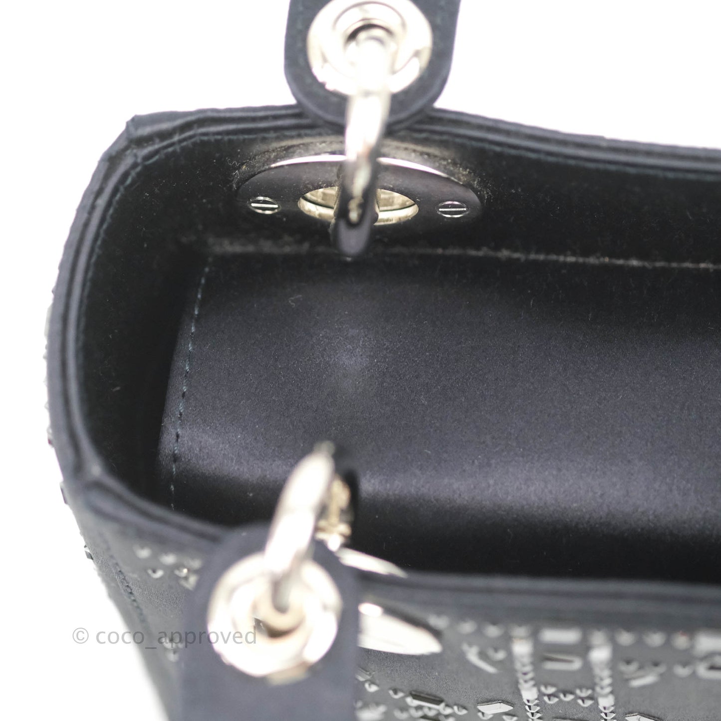Christian Dior Mini Lady Dior Bag Black Strass Cannage Satin Silver Hardware