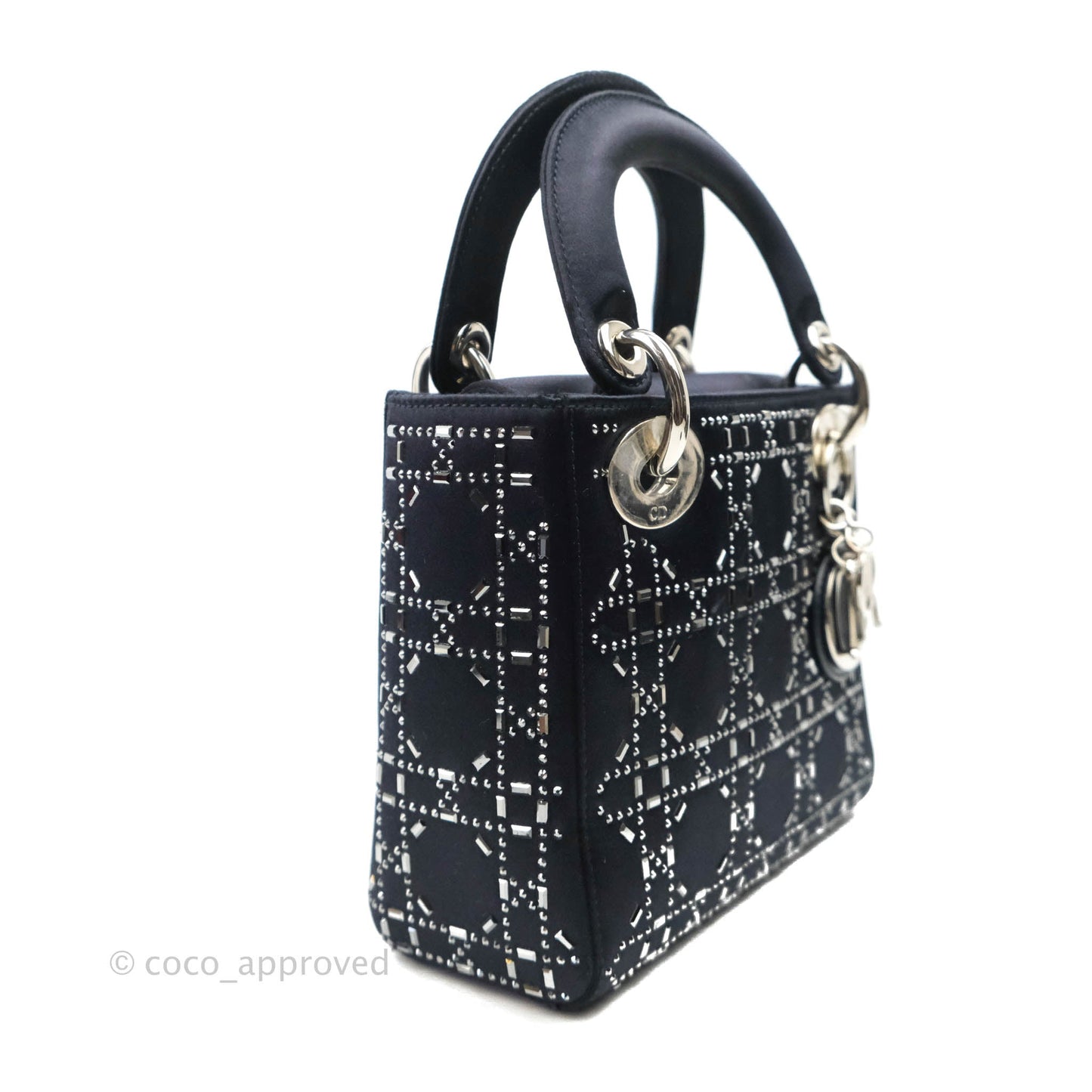 Christian Dior Mini Lady Dior Bag Black Strass Cannage Satin Silver Hardware