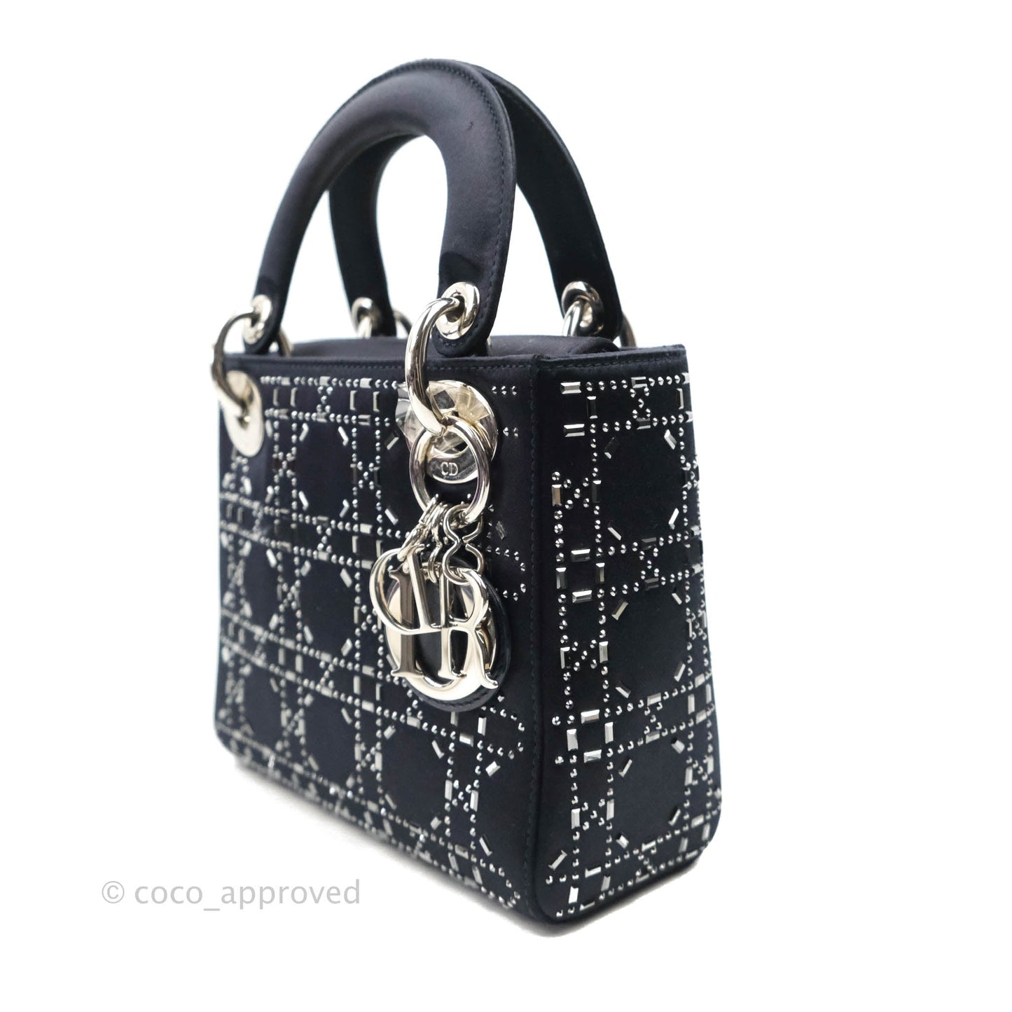 Christian Dior Mini Lady Dior Bag Black Strass Cannage Satin Silver Hardware