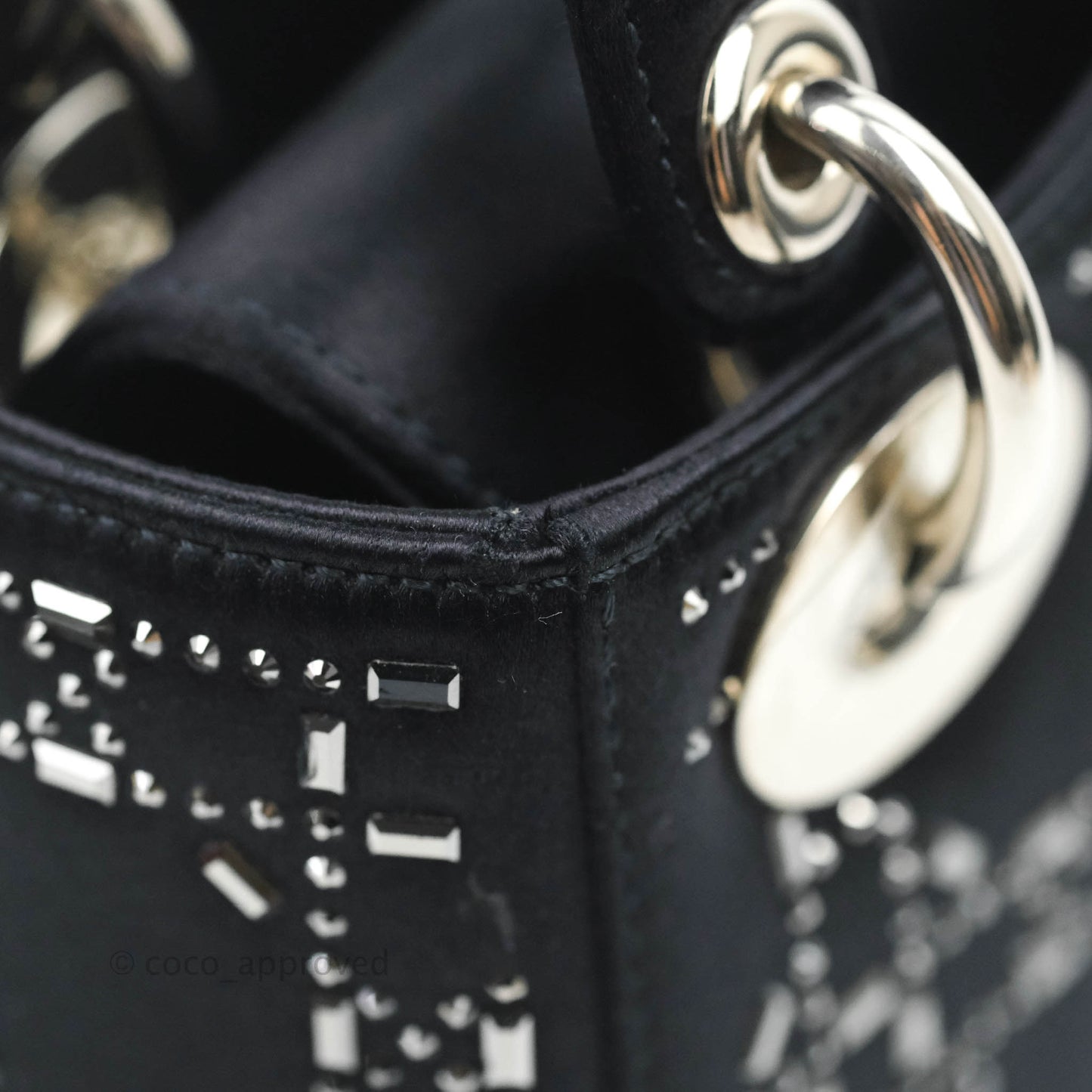 Christian Dior Mini Lady Dior Bag Black Strass Cannage Satin Silver Hardware
