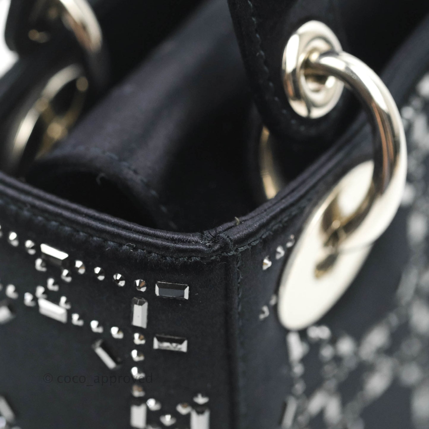 Christian Dior Mini Lady Dior Bag Black Strass Cannage Satin Silver Hardware
