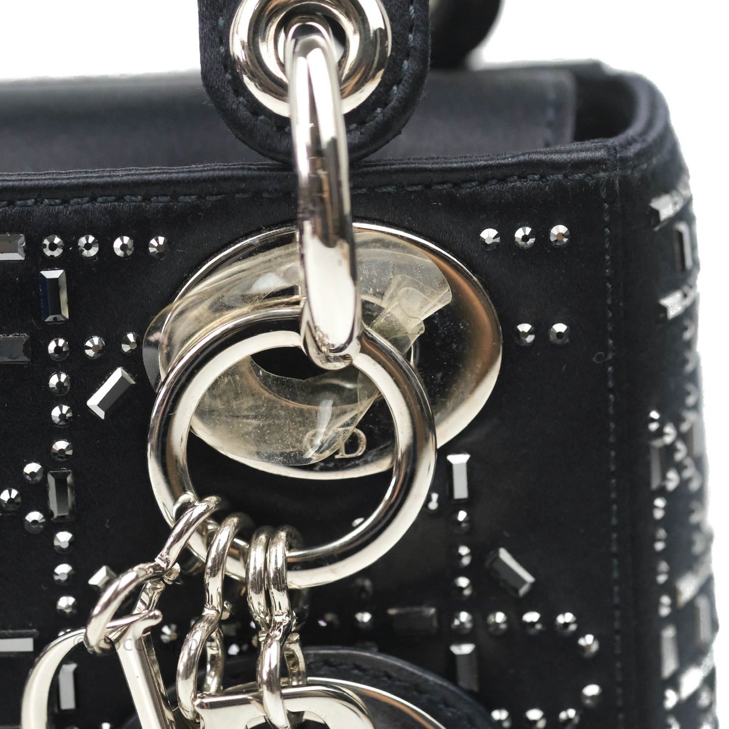 Christian Dior Mini Lady Dior Bag Black Strass Cannage Satin Silver Hardware