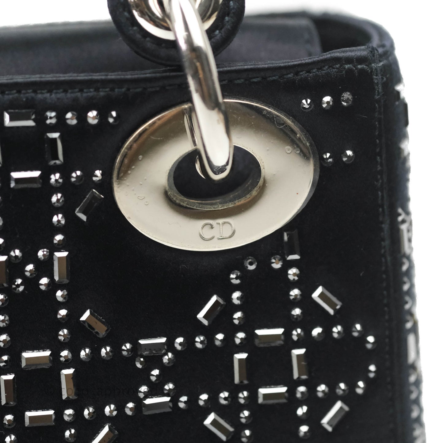 Christian Dior Mini Lady Dior Bag Black Strass Cannage Satin Silver Hardware
