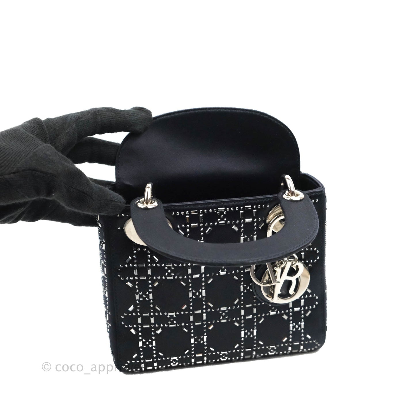 Christian Dior Mini Lady Dior Bag Black Strass Cannage Satin Silver Hardware