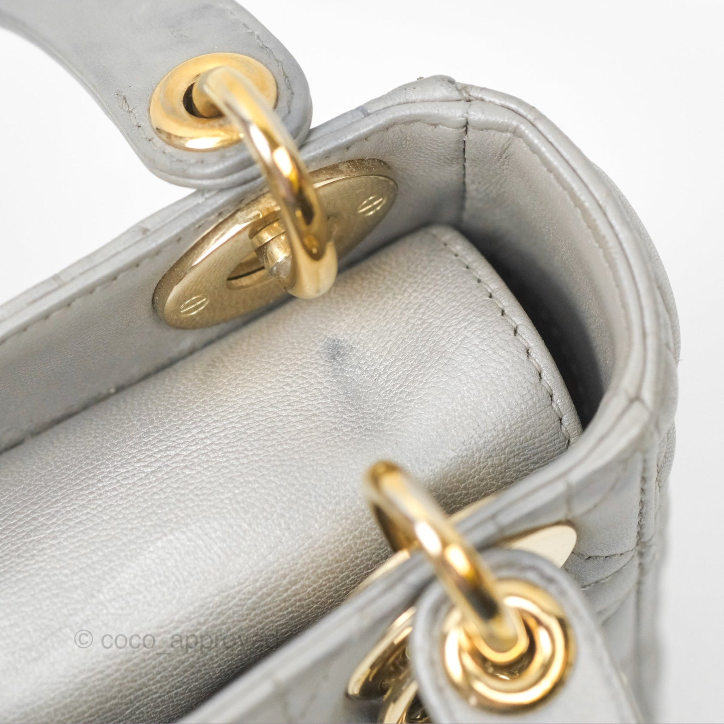 Christian Dior Mini Lady Dior Iridescent Light Grey Cannage Lambskin Gold Hardware