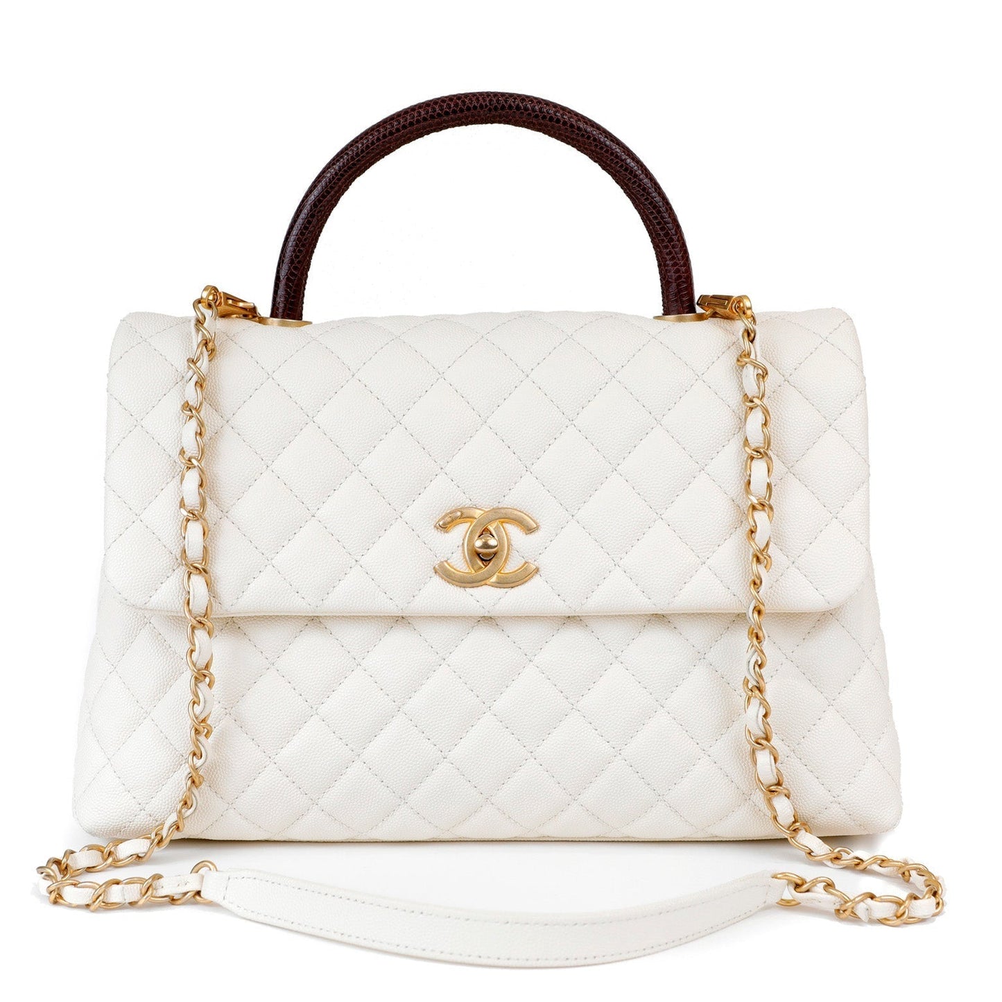 Chanel White Caviar Coco Bag w/ Lizard Skin Handle & Gold Hardware