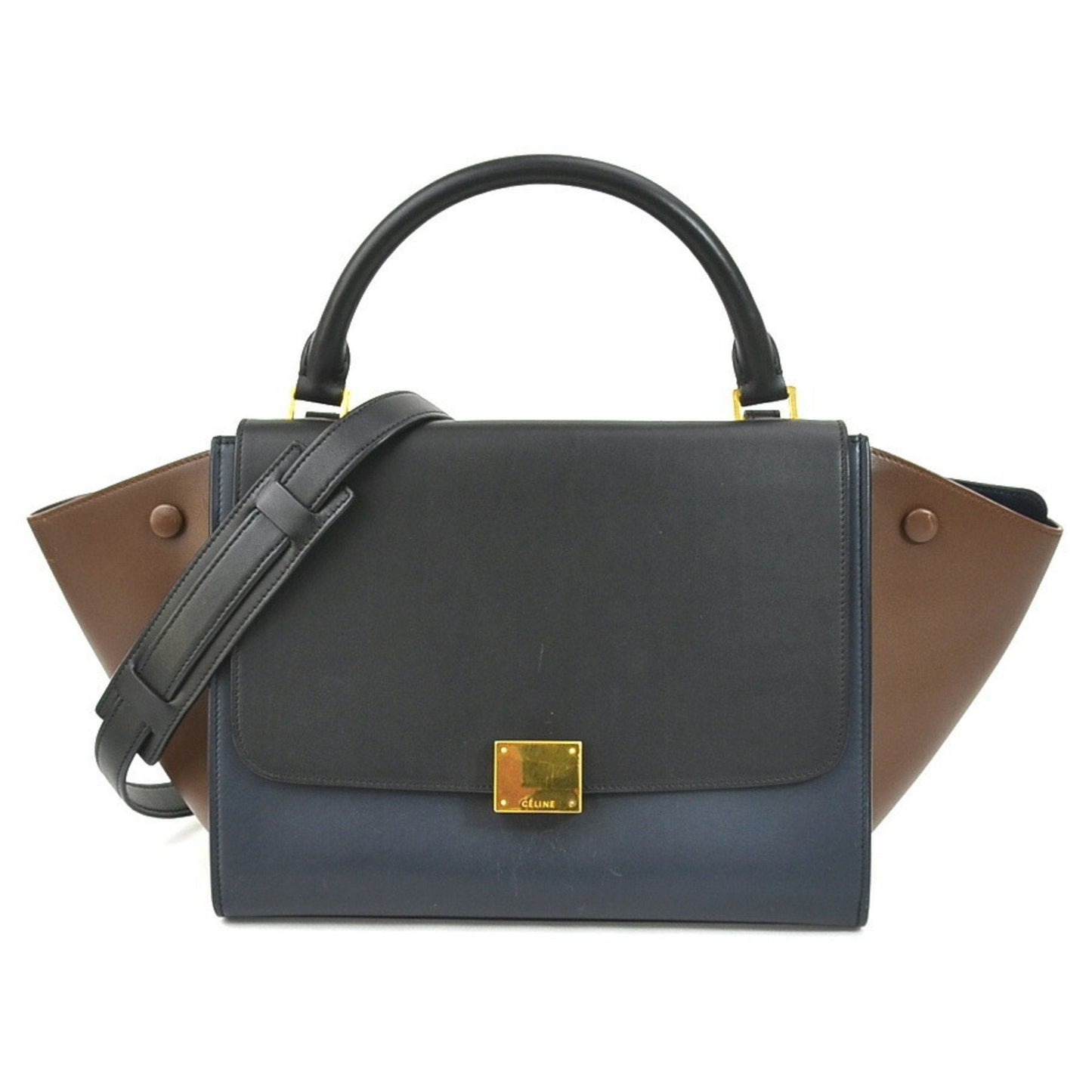 Celine handbag shoulder bag trapeze leather black/navy/brown gold ladies