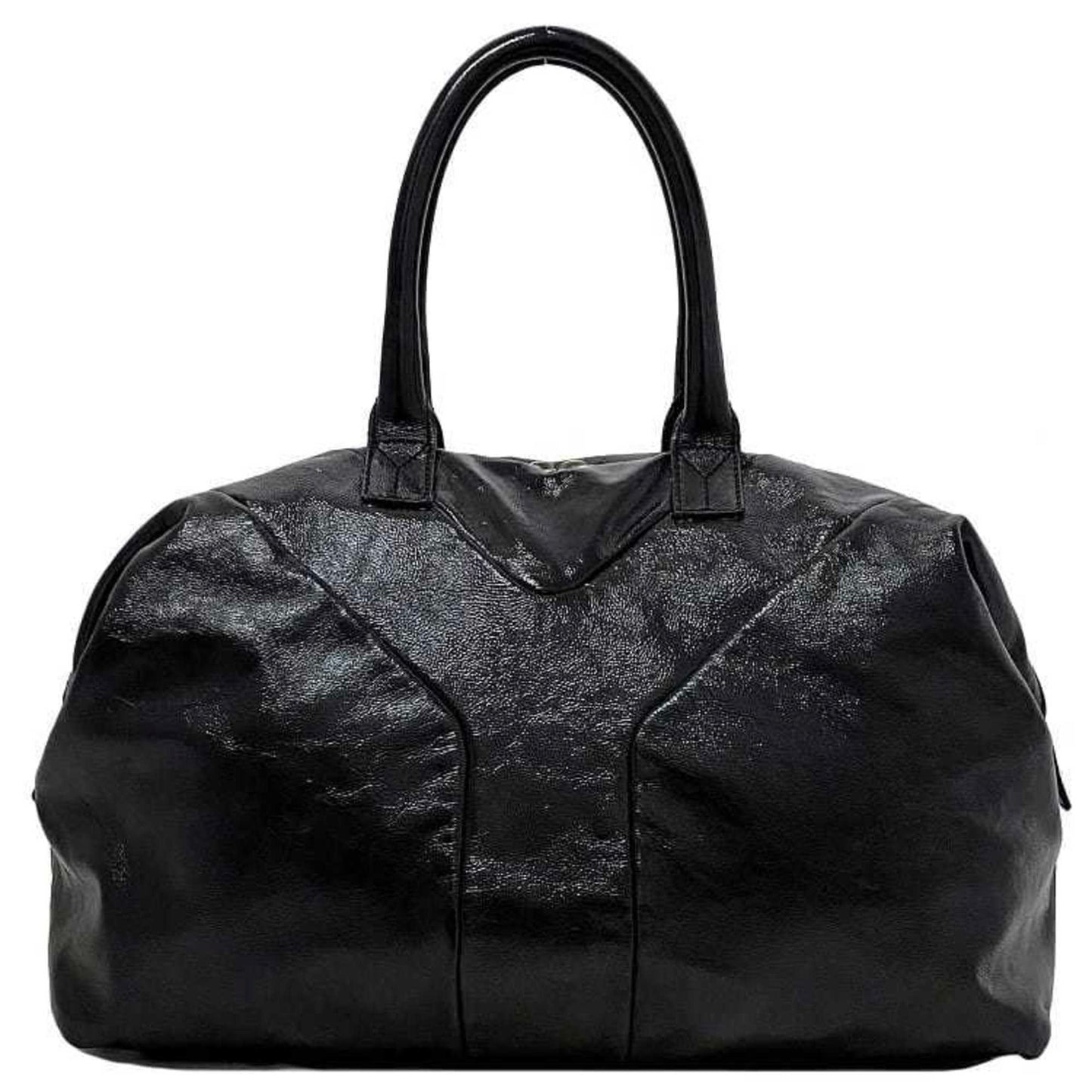 Yves Saint Laurent Easy Boston Bag Black Silver Tote Patent Leather YSL Embroidery Stitch Y
