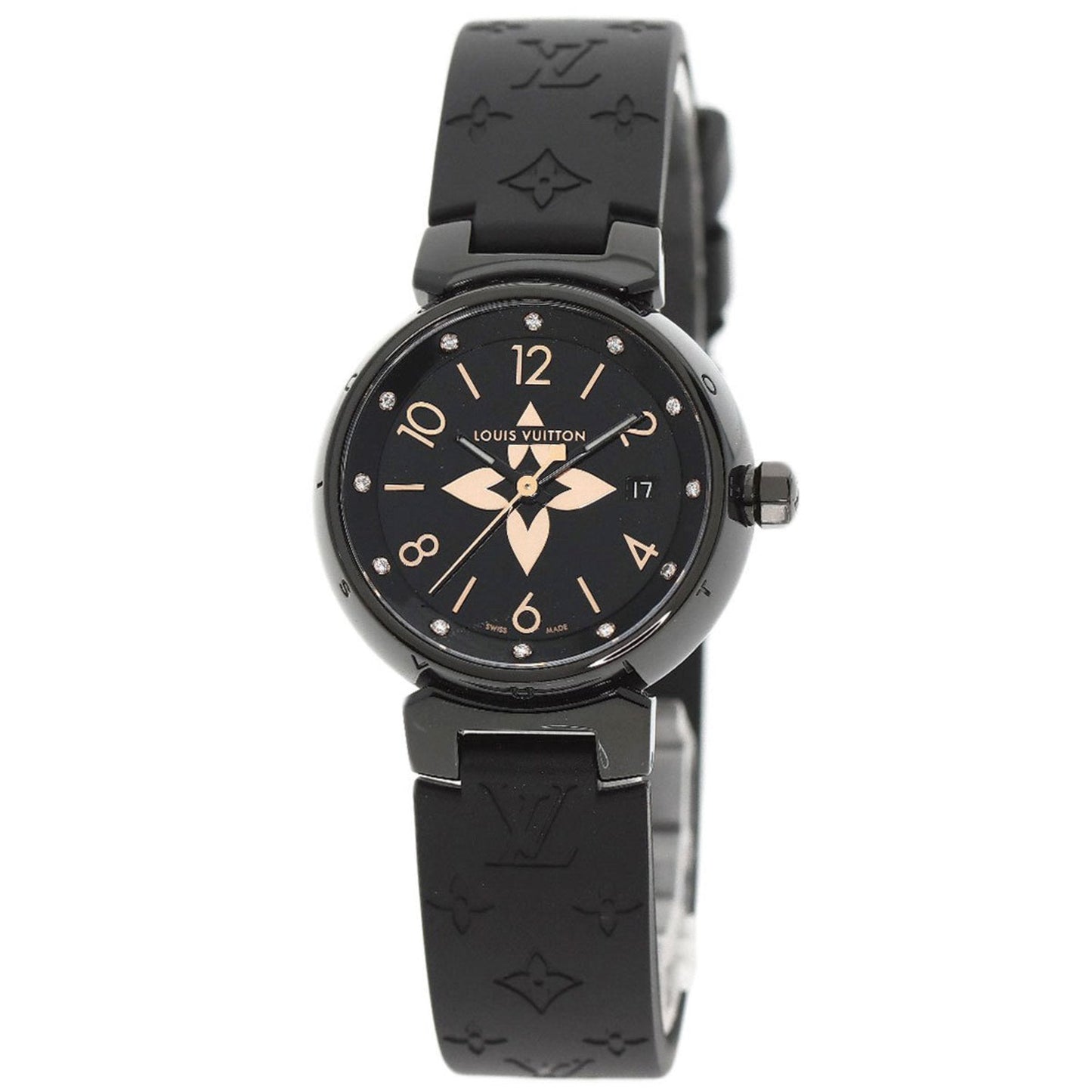 LOUIS VUITTON QA047 Tambour All Black PM 12P Diamond Watch Stainless Steel Rubber Ladies
