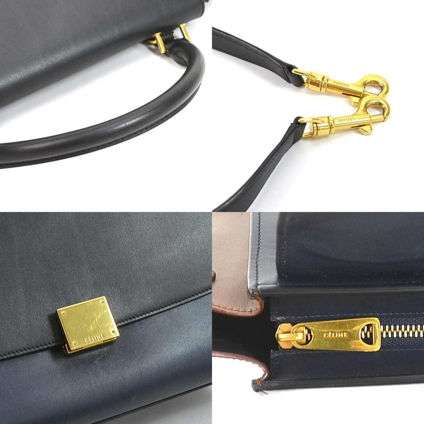 Celine handbag shoulder bag trapeze leather black/navy/brown gold ladies