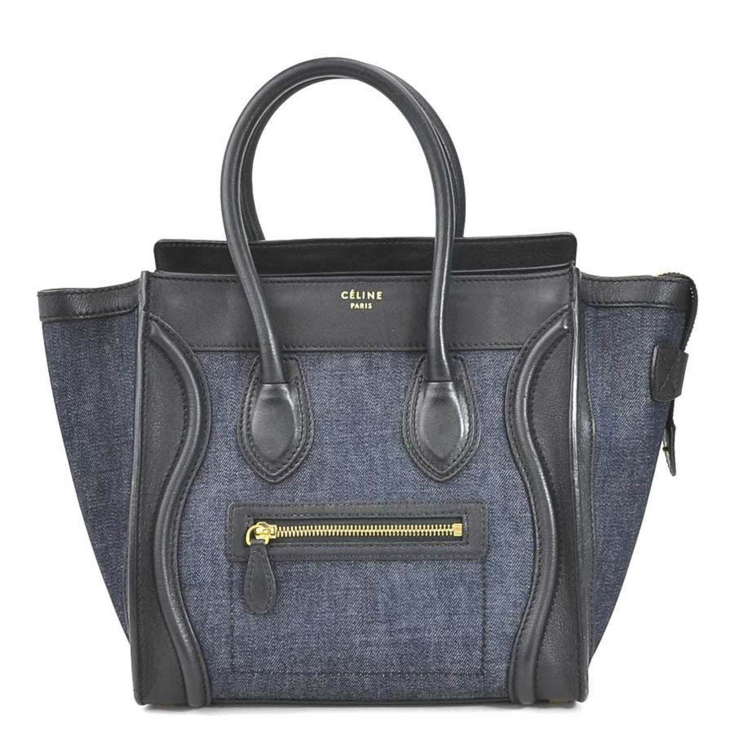 Celine Handbag Luggage Micro Shopper Leather/Denim Black x Indigo Ladies