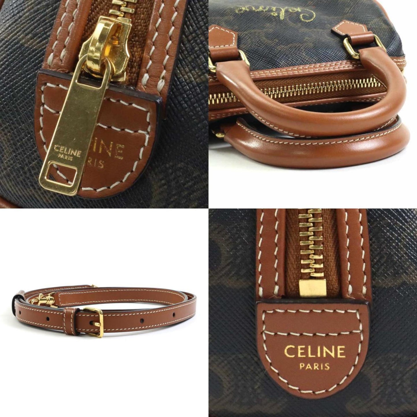 Celine Crossbody Shoulder Bag Triomphe PVC Coated Canvas Brown Women's