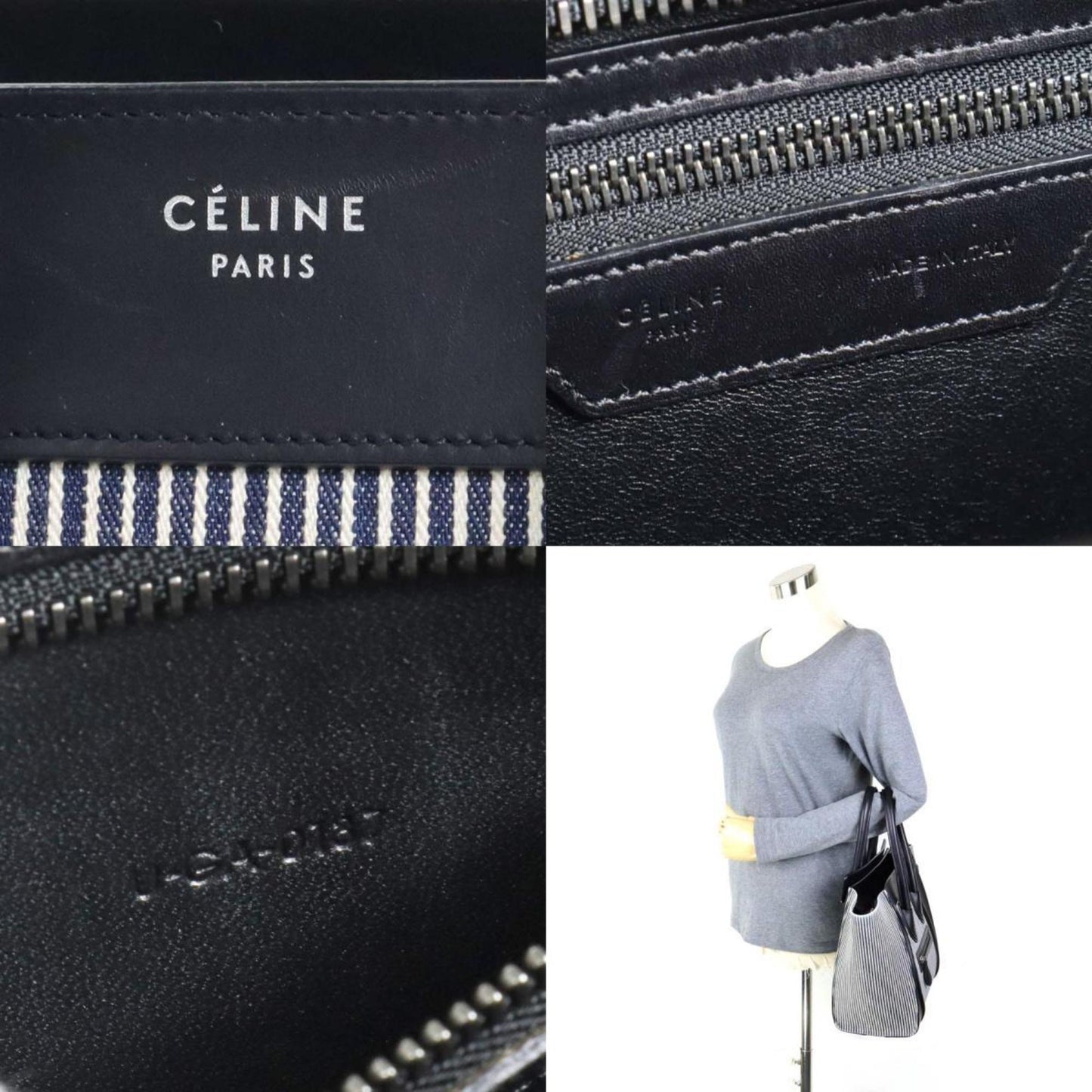 Celine Handbag Luggage Micro Shopper Canvas/Leather Black x Navy White Ladies