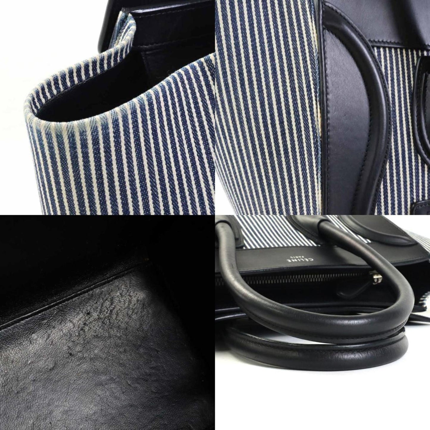 Celine Handbag Luggage Micro Shopper Canvas/Leather Black x Navy White Ladies