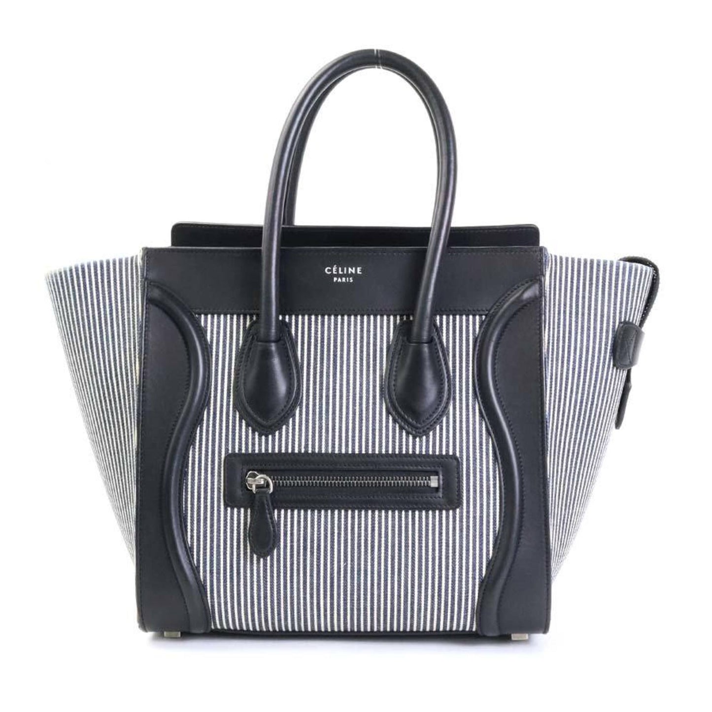 Celine Handbag Luggage Micro Shopper Canvas/Leather Black x Navy White Ladies