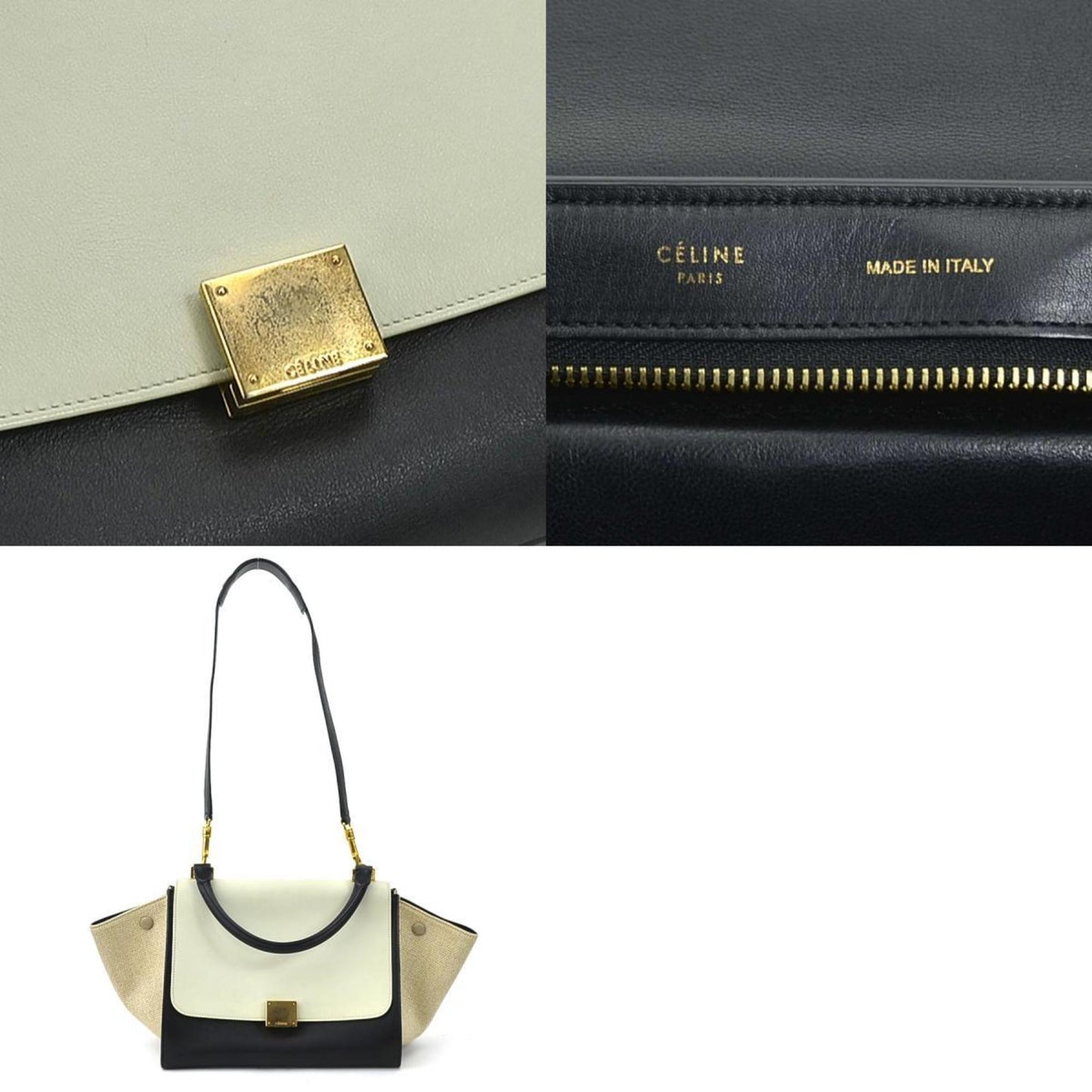 Celine Handbag Shoulder Bag Trapeze Leather/Canvas Black x Light Gray Beige Ladies