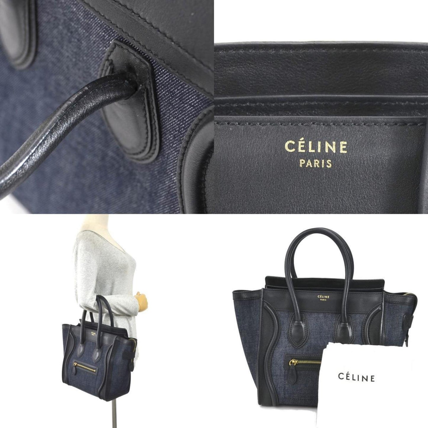Celine Handbag Luggage Micro Shopper Leather/Denim Black x Indigo Ladies