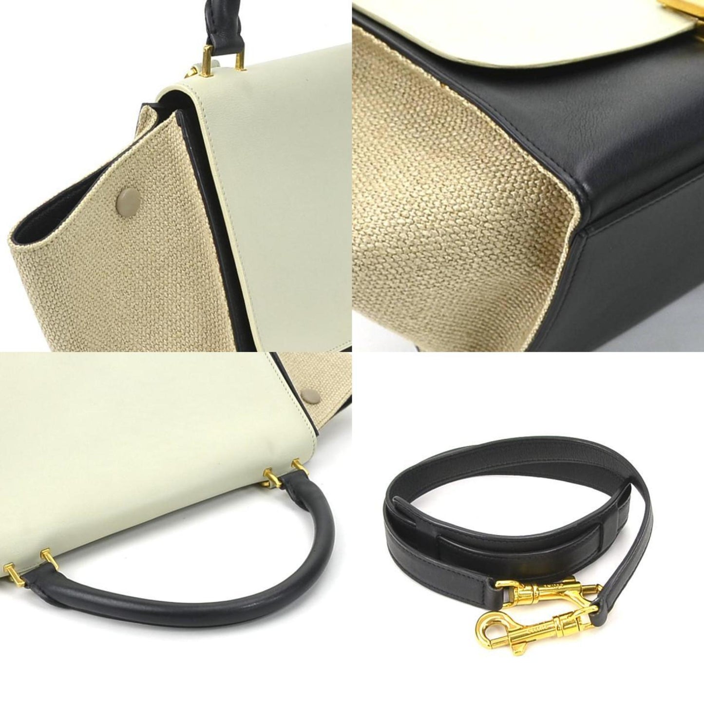 Celine Handbag Shoulder Bag Trapeze Leather/Canvas Black x Light Gray Beige Ladies