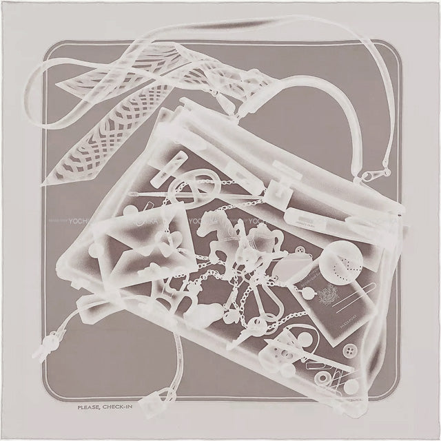 HERMES scarf Carre 90 PLEASE CHECK IN Beige/Gris Perle Silk100%