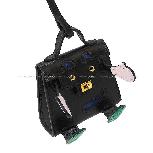HERMES bag charm Bijoux de SAC Kelly doll Noir (Black)/Bleu Electrique/Mauve Pale/Mint Veau Tadelakt Gold HW Stamp