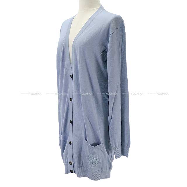 HERMES Cardigan Ladies Long Vneck Embroidery Bleugray Cashmere50% / Silk50% 38