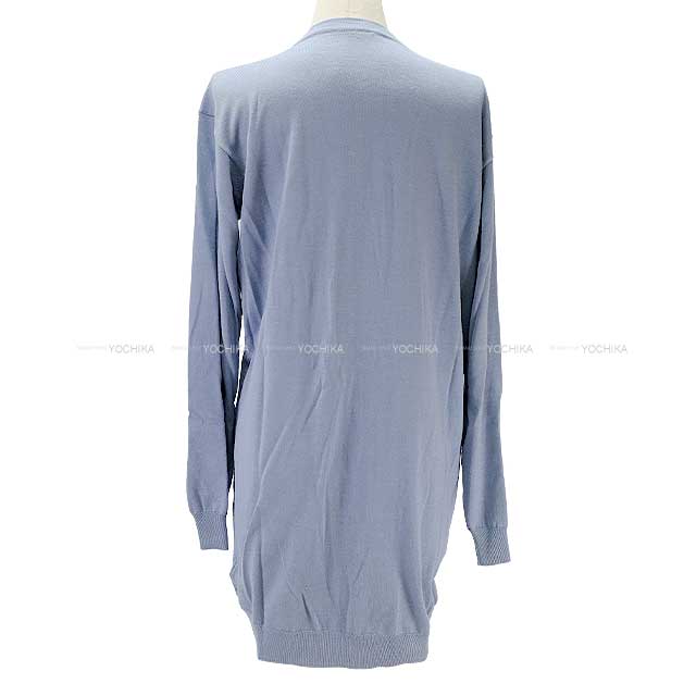HERMES Cardigan Ladies Long Vneck Embroidery Bleugray Cashmere50% / Silk50% 38