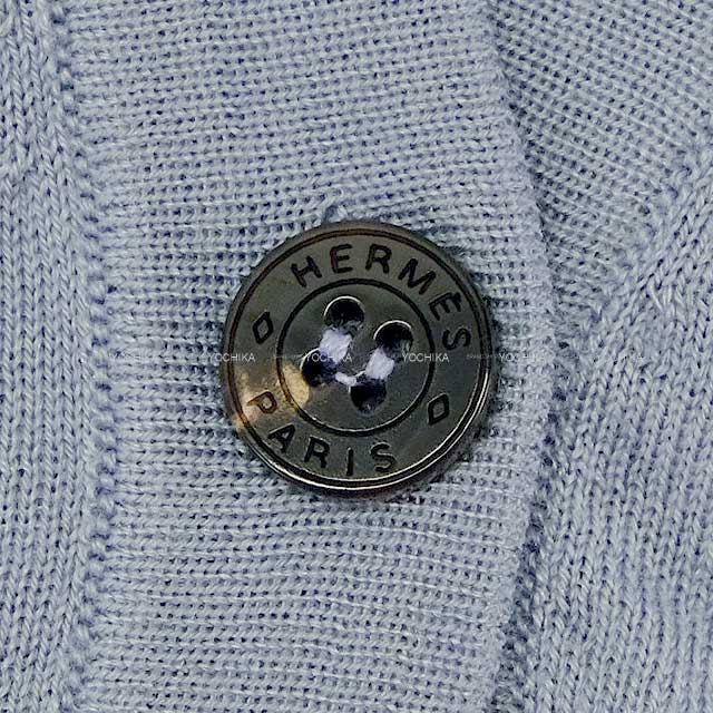 HERMES Cardigan Ladies Long Vneck Embroidery Bleugray Cashmere50% / Silk50% 38